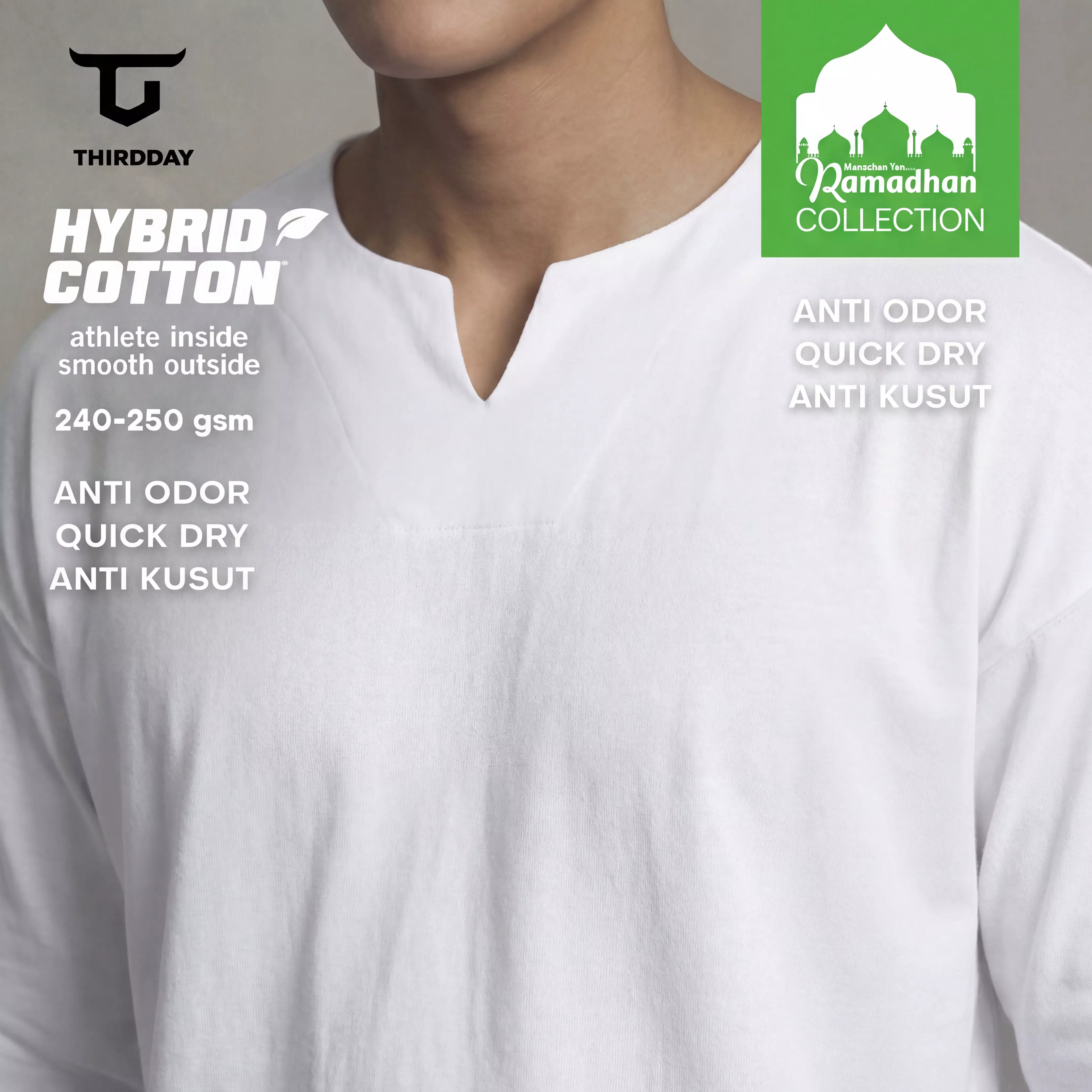 THIRDDAY Baju Koko Oversize Pria Lengan Panjang Kalcer Hybrid Cotton 240gsm putih MTZ18