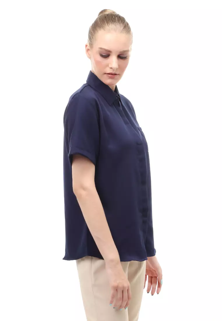 Shirt Atasan Wanita Lengan Pendek Detail Saku Motif Polos Design Simple - Navy