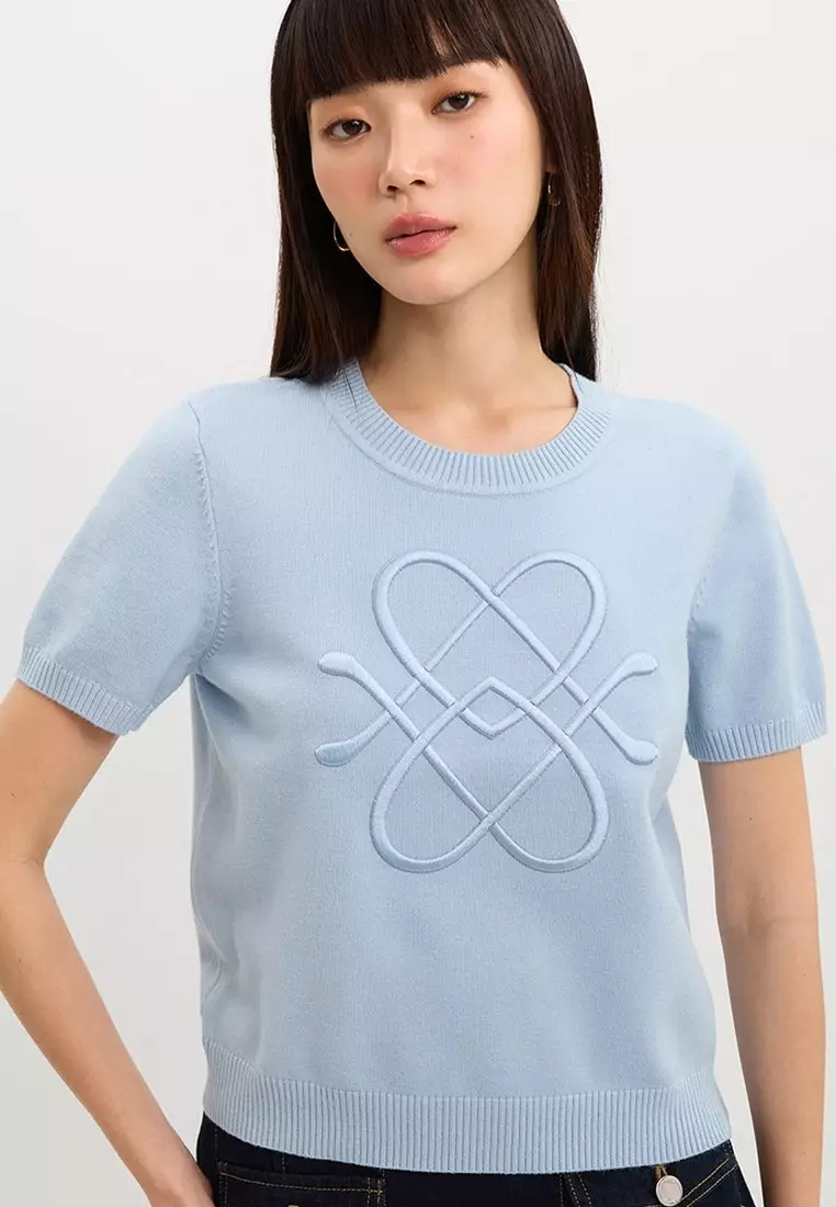 Embroidered Knit Top - Baby Blue