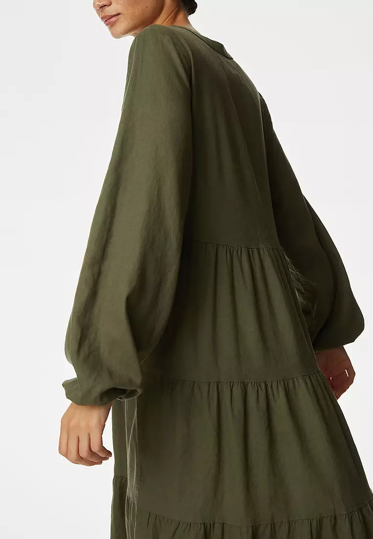 Linen Rich V-Neck Midaxi Tiered Dress