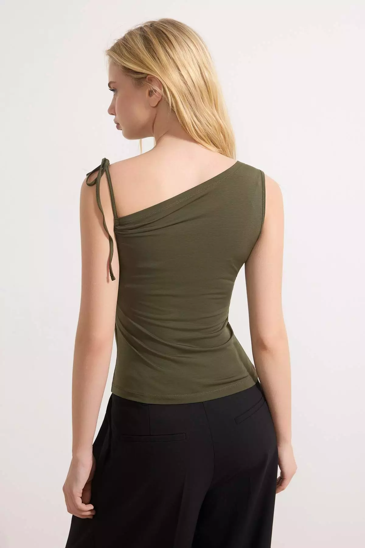 Khaki Fitted/Bodycon Asymmetrical Neck Sleeveless Tie Detail Stretchy Knitted Blouse Twoss26Bz78
