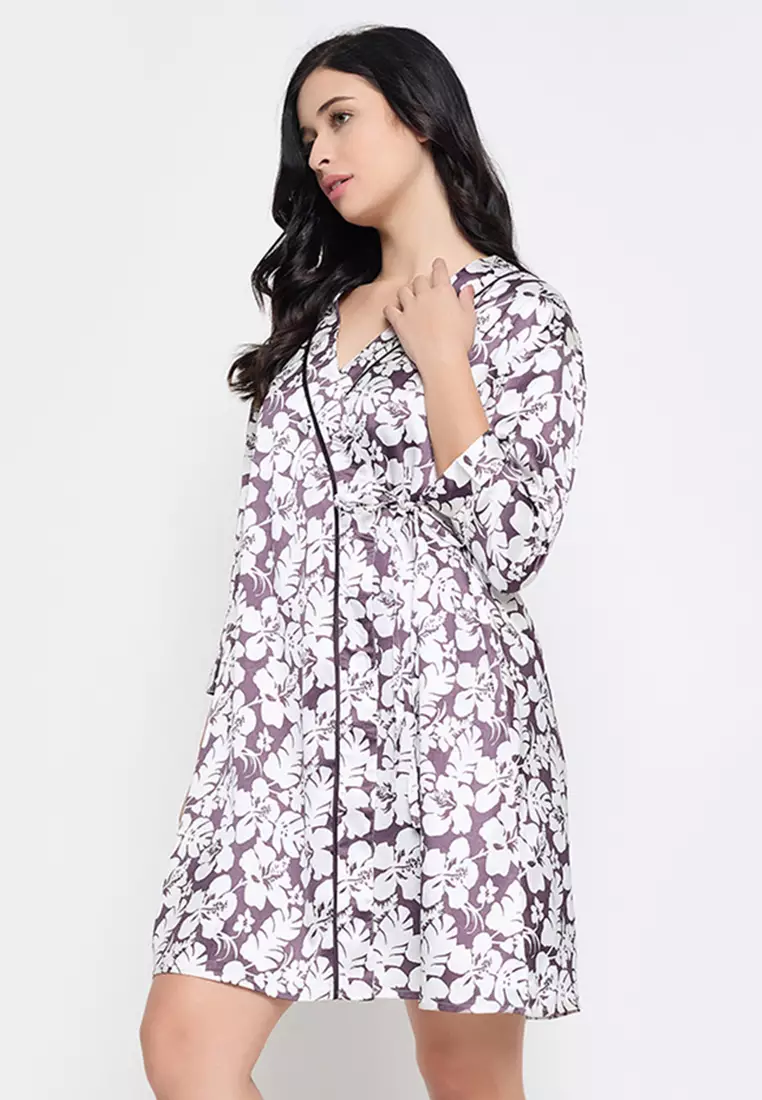 Clovia Chic Basic Short Night Dress & Floral Print Robe in Dark Purple - Satin