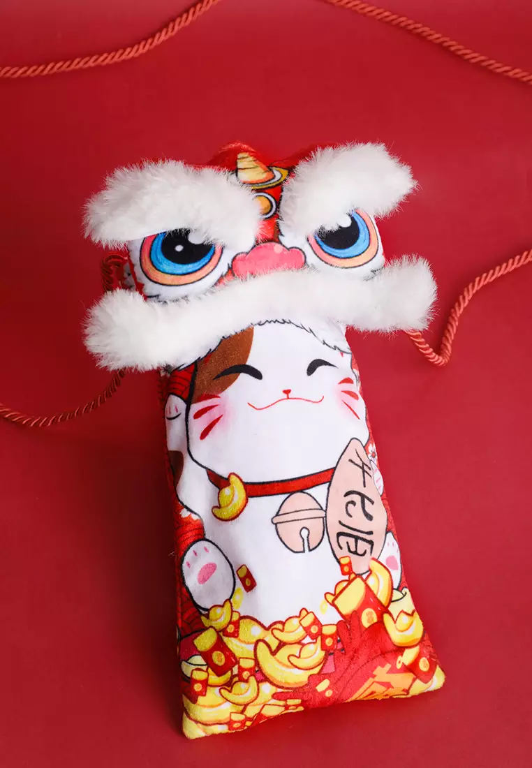 兒童新年舞狮头招财猫絨面紅包袋斜跨包