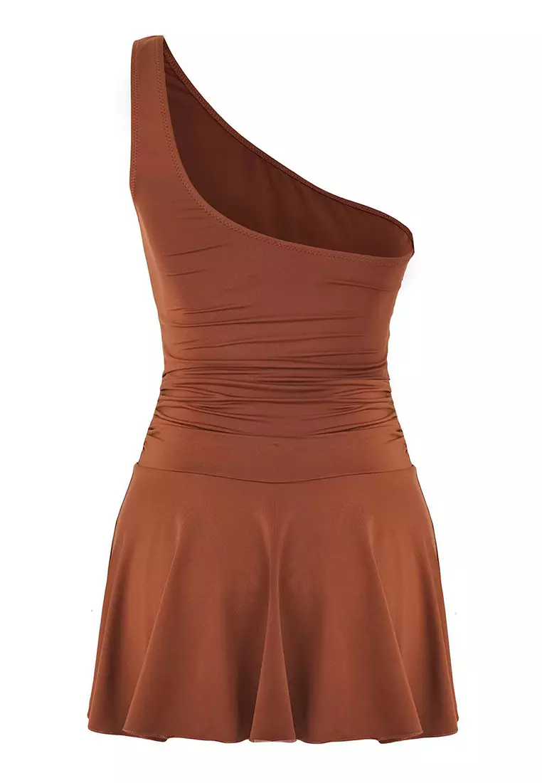 Brown One Shoulder Skirt Shorts Swimsuit