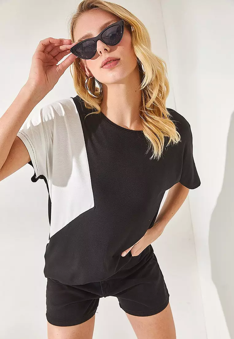 Women's Black Color Block Bat Knitted Viscose Blouse BLZ-19002283