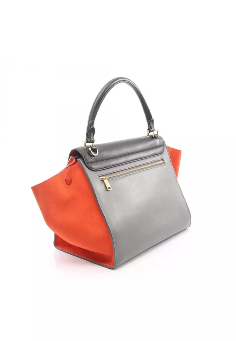 Pre-Loved Celine trapeze Medium Handbag leather suede black Orange brown gray 2WAY