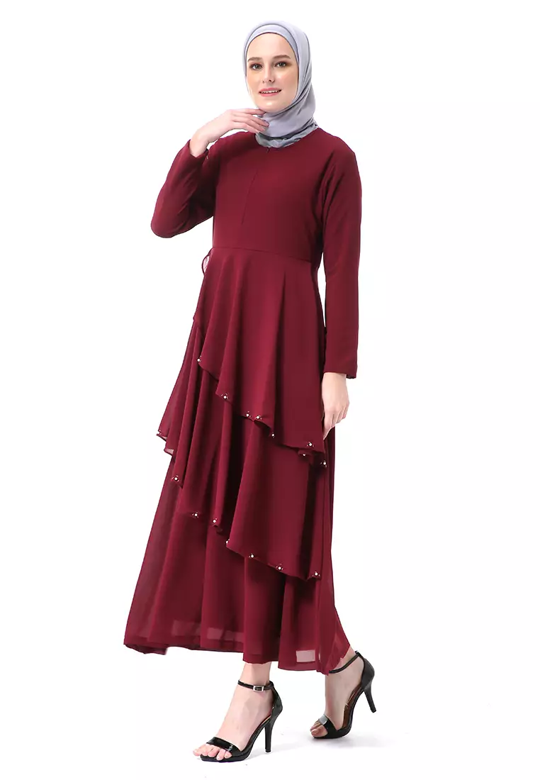 Shafira Dress Muslimah Long Sleeve Motif Polos Premium High Quality - Maroon