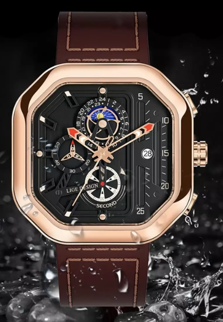 Unisex Chronograph Octogonal IP Pink Steel Quartz Watch on brown leather strap