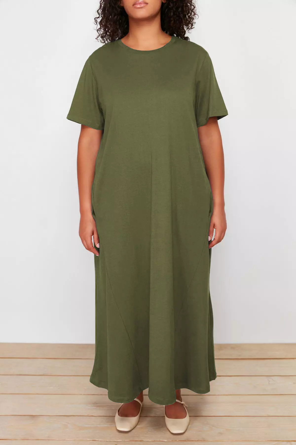 Khaki Midi 100% Cotton Knitted T-shirt Dress TBBSS24AH00067