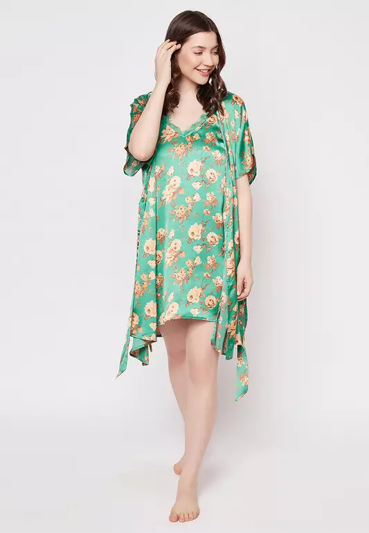 Clovia Pretty Florals Short Night Dress & Robe Set in Green - Satin