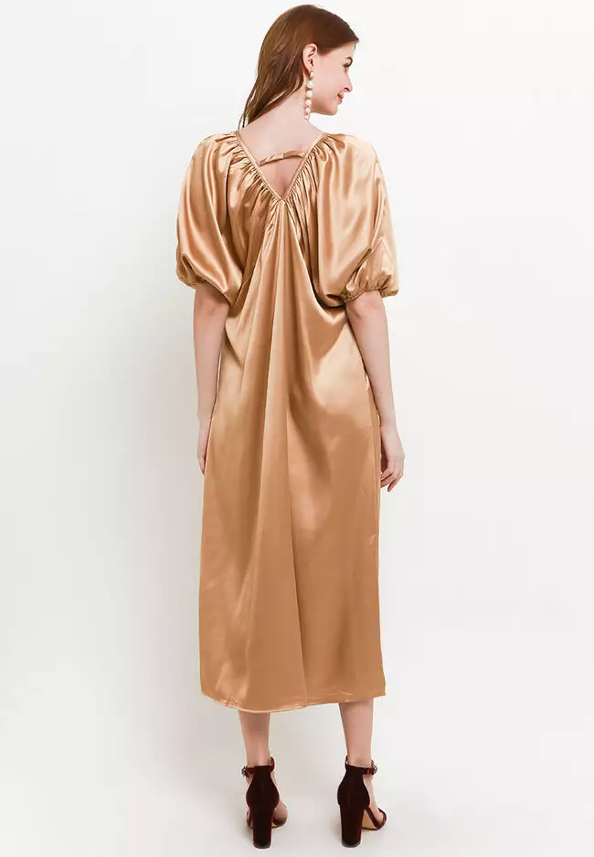 Deep V Neck Cross Back Silky Puff Sleeve Dress