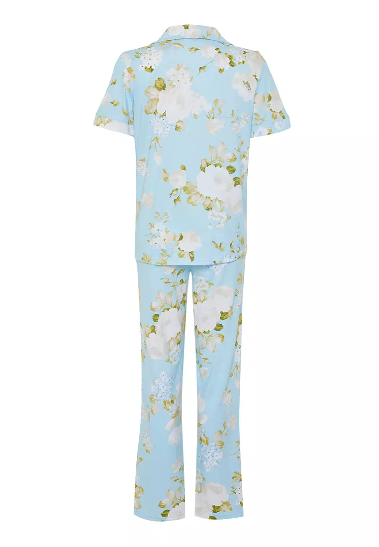 Blue 100% Cotton Floral Patterned Knitted Pajama Set