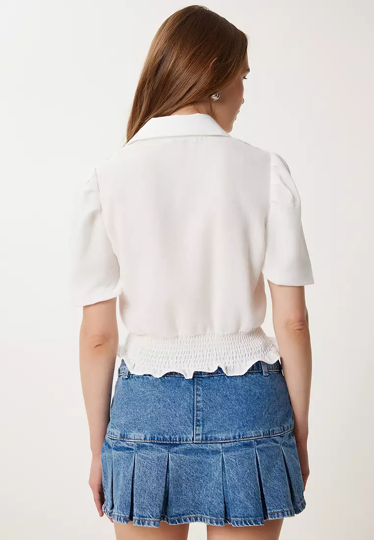 Women's Ecru Balloon Sleeve Linen Crop Shirt Blouse Tp00081