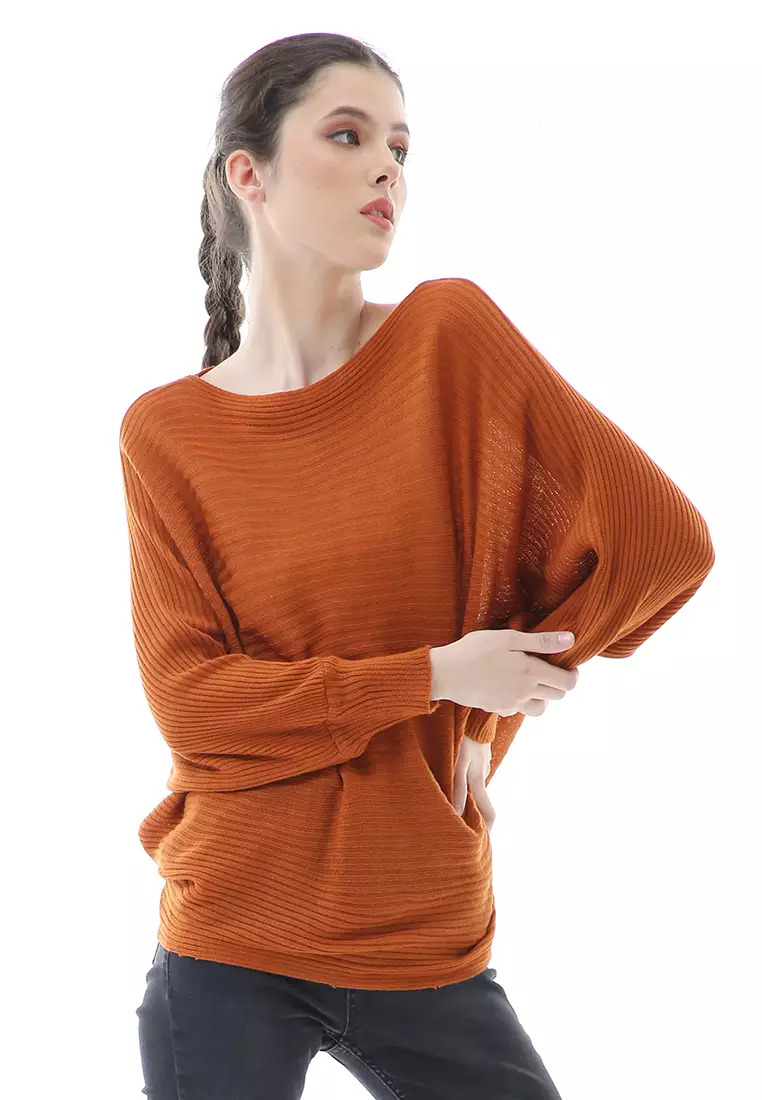 Eveline Sweater Rajut Batwing Atasan Wanita Motif Polos High Quality - Coral