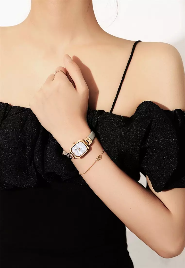 Vivian 22×26mm女士手表 皮革表帶 長方形天然貝母表盤 優雅經典-灰色