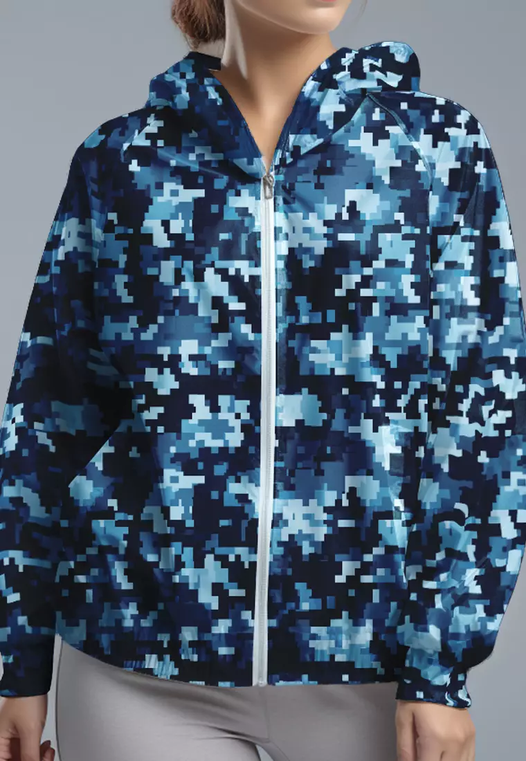 LSD71 Jaket Lari Olahraga Wanita Parasut motif "pixel camo" biru