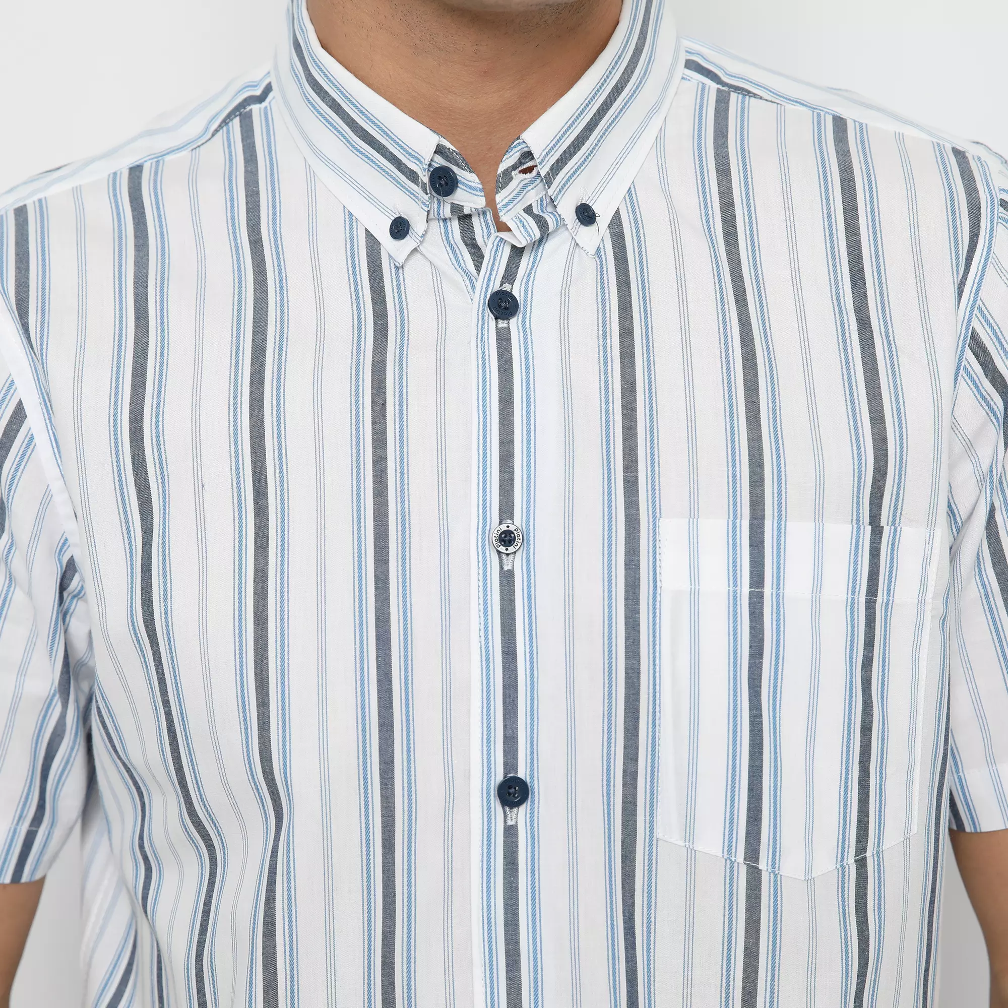 Platini Kemeja Garis Pria Lengan Pendek Katun Yarndyed Dobby 73295 Biru