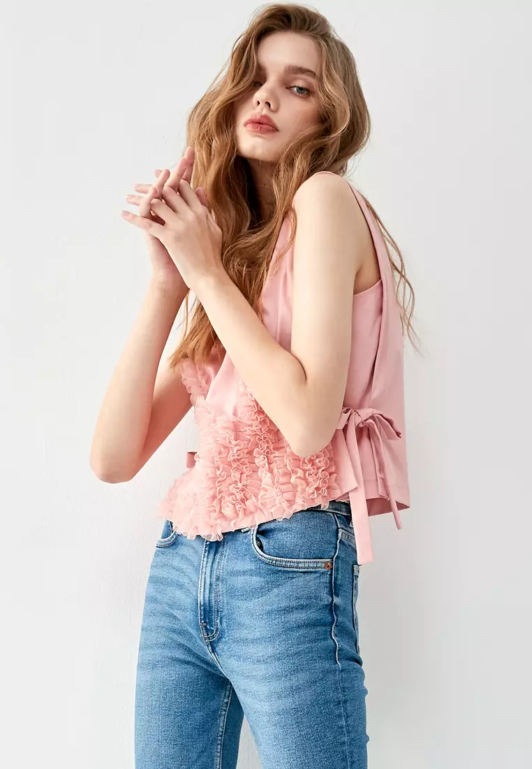 Pink Vest With Front Pleated Ruffle Detail