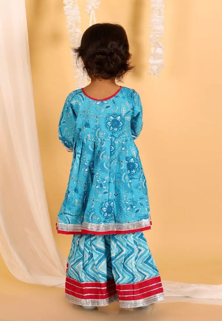 Ocean Blue Girls Anarkali Kurta Sharara Set