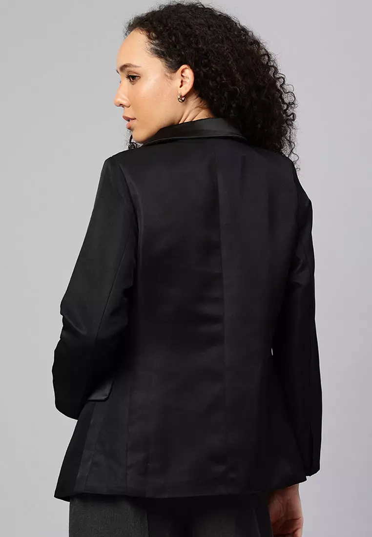 Blazer Kancing Kerah Lapel Warna Hitam