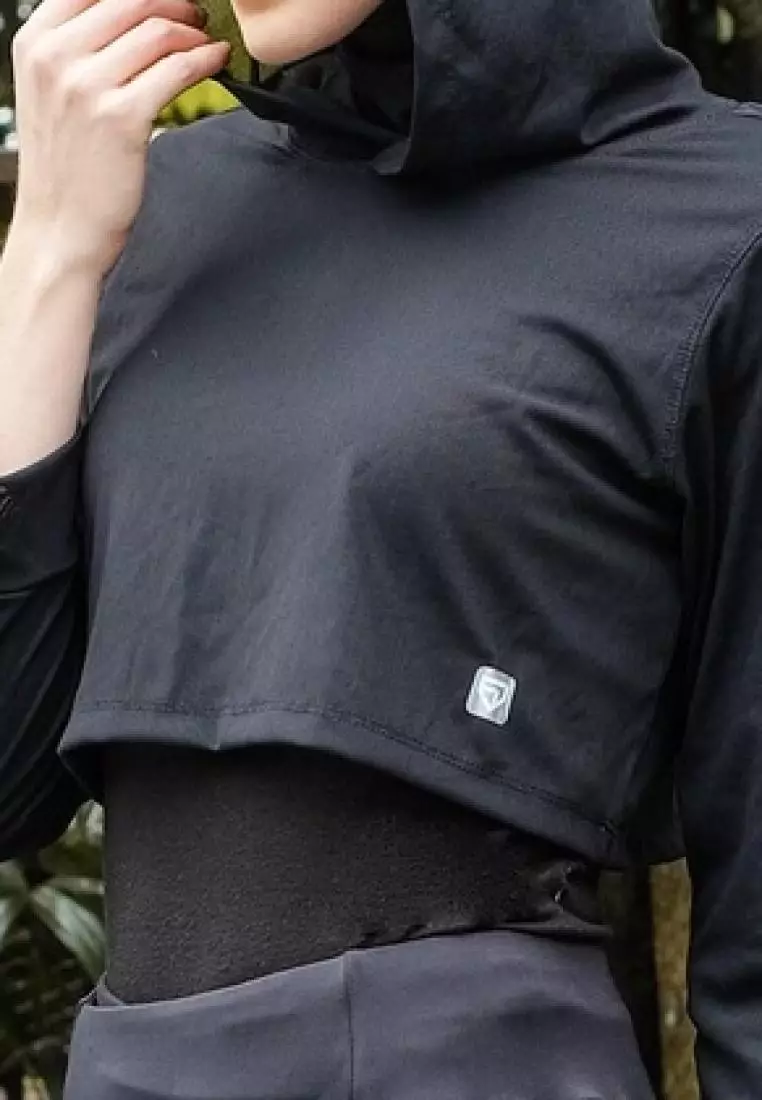 Fitwear - Croptop Jaring / Mesh / Sheer Olahraga BRENDA OUTER HOODIE LS CRP - BLACK