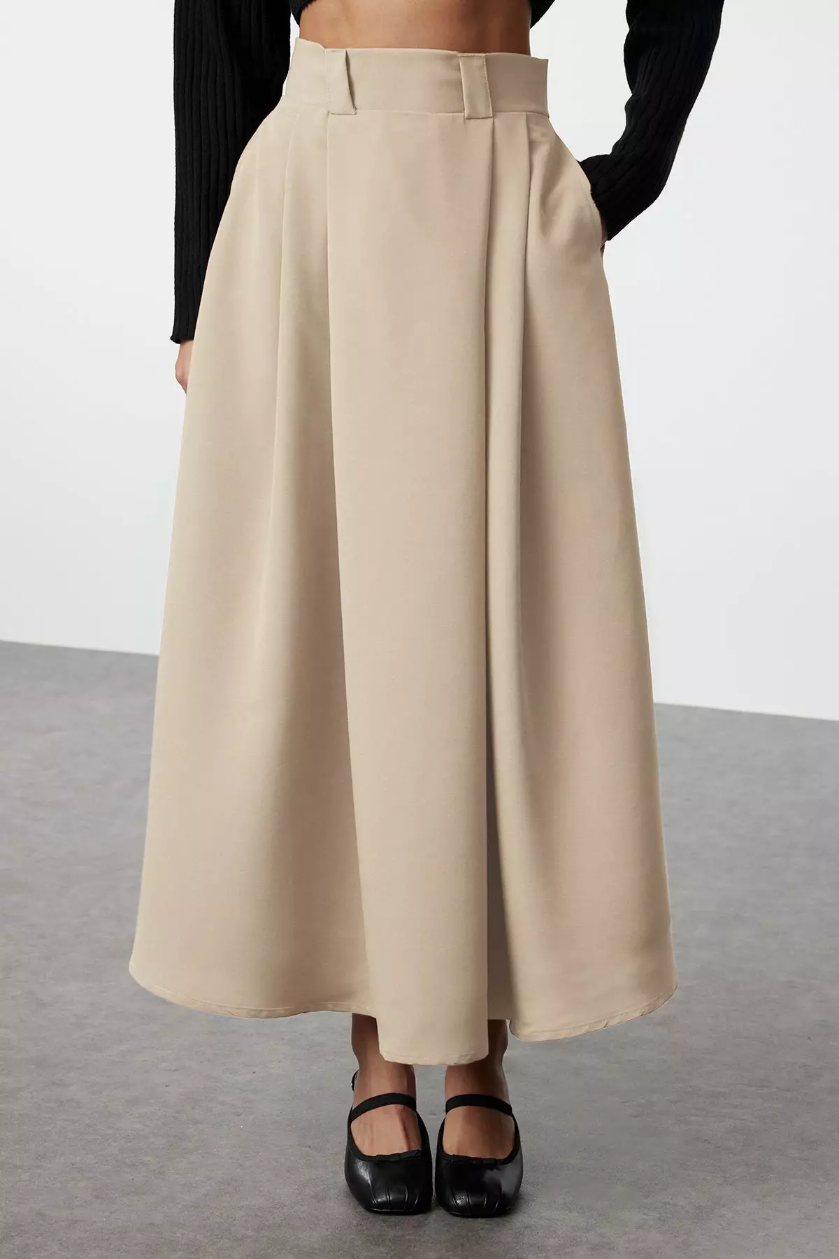 Beige Pleated Maxi Length Skirt
