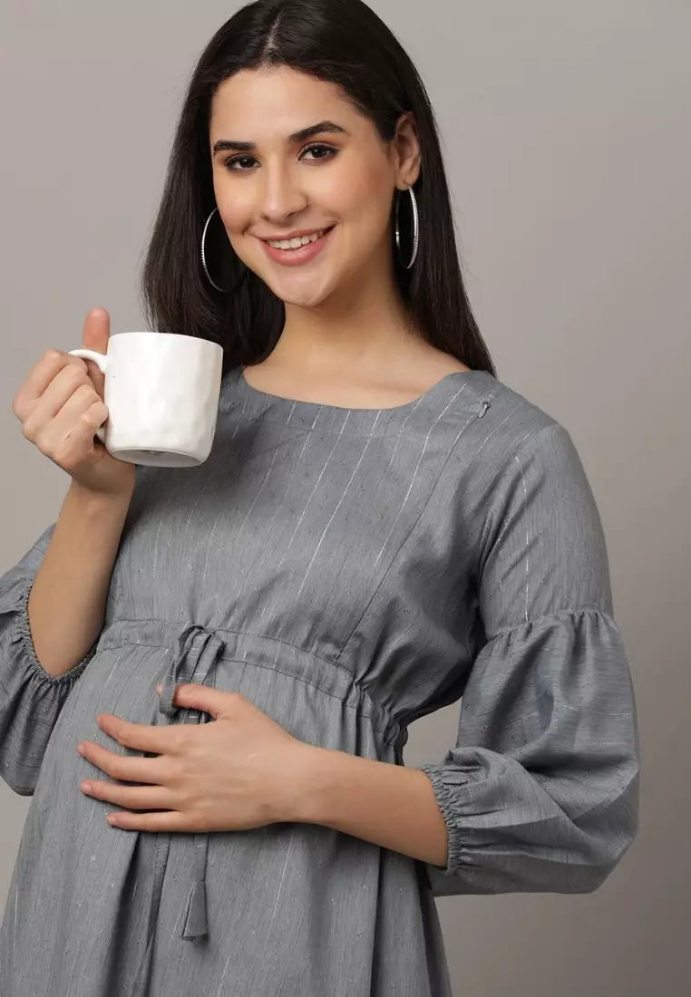 Arona Grey Shimmer Stripes Maternity And Nursing Dress