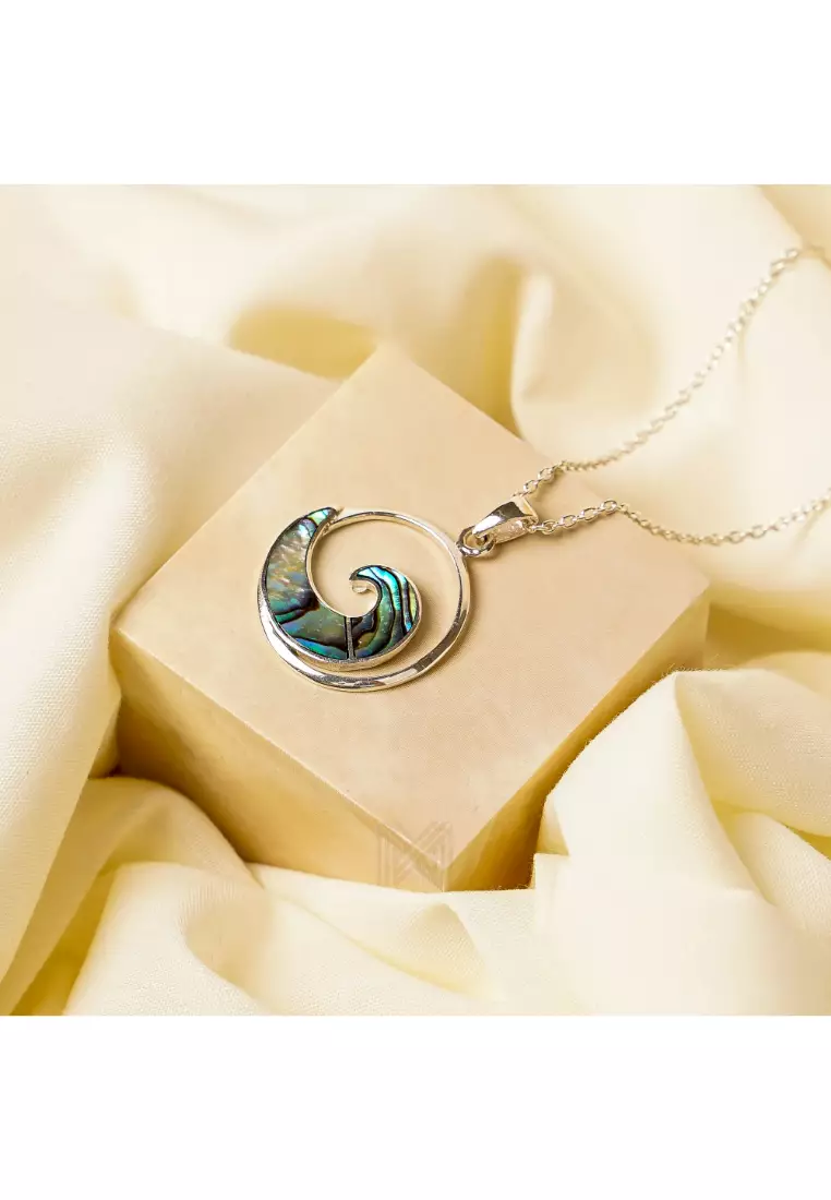 Multifaceted Abalone Shell Ocean Wave White Gold Pendant with 925 Sterling Silver