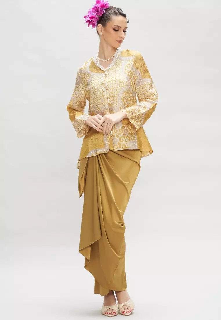 Premium Batik Mustard Kebaya & Satin Wrap Skirt Modern Baju Kurung