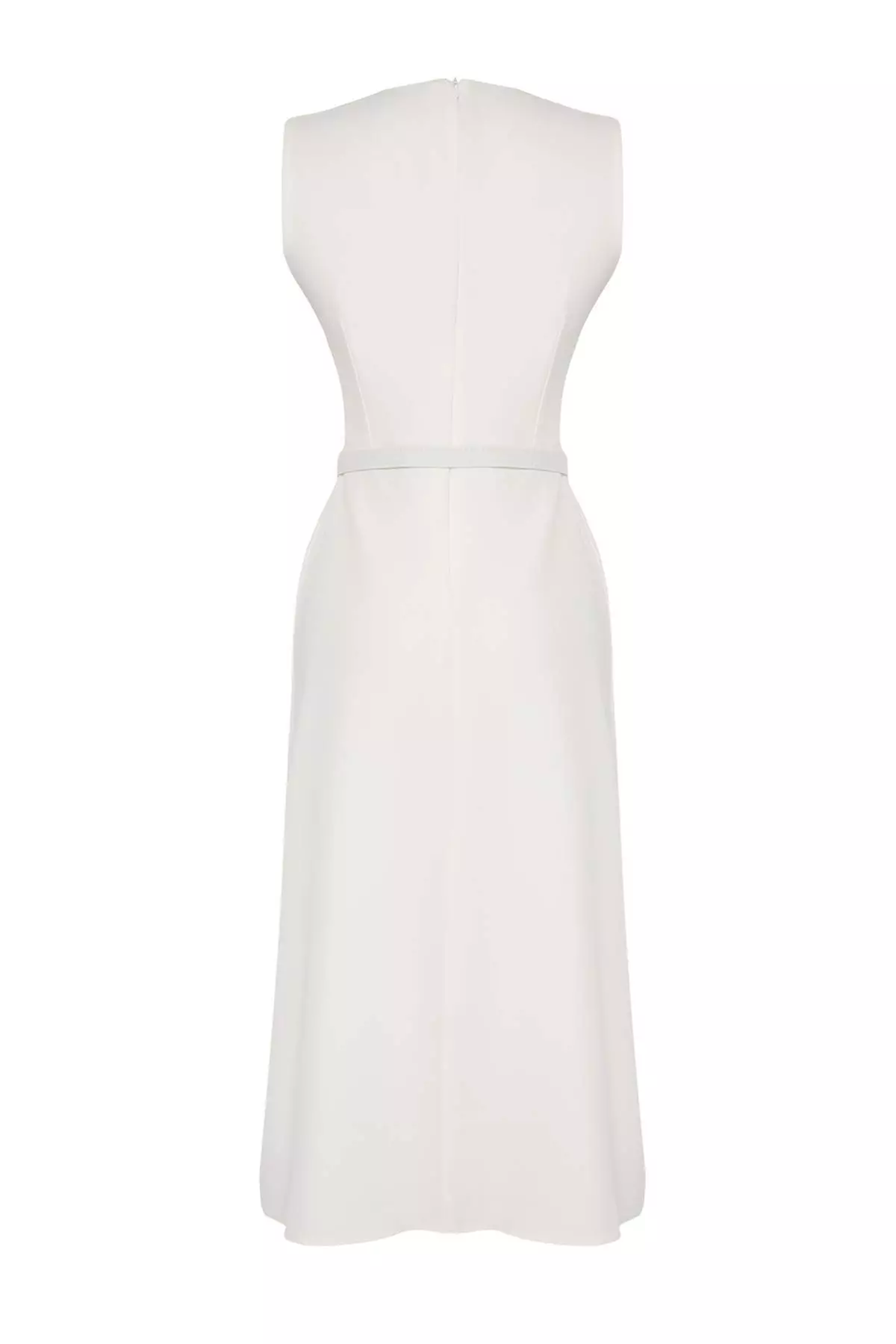 White Belted A-Line Bias And Button Detail Lined Midi Woven Dress
