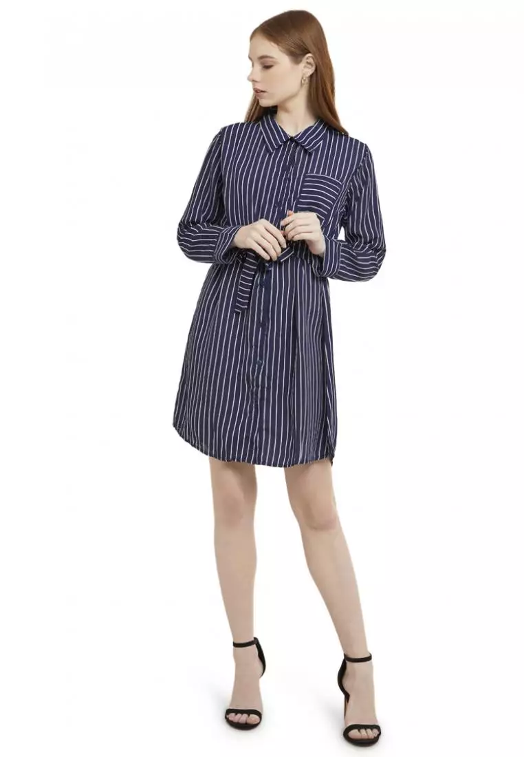 Mini Dress Salur Lengan Panjang Self Tie Belt Wanita - Navy