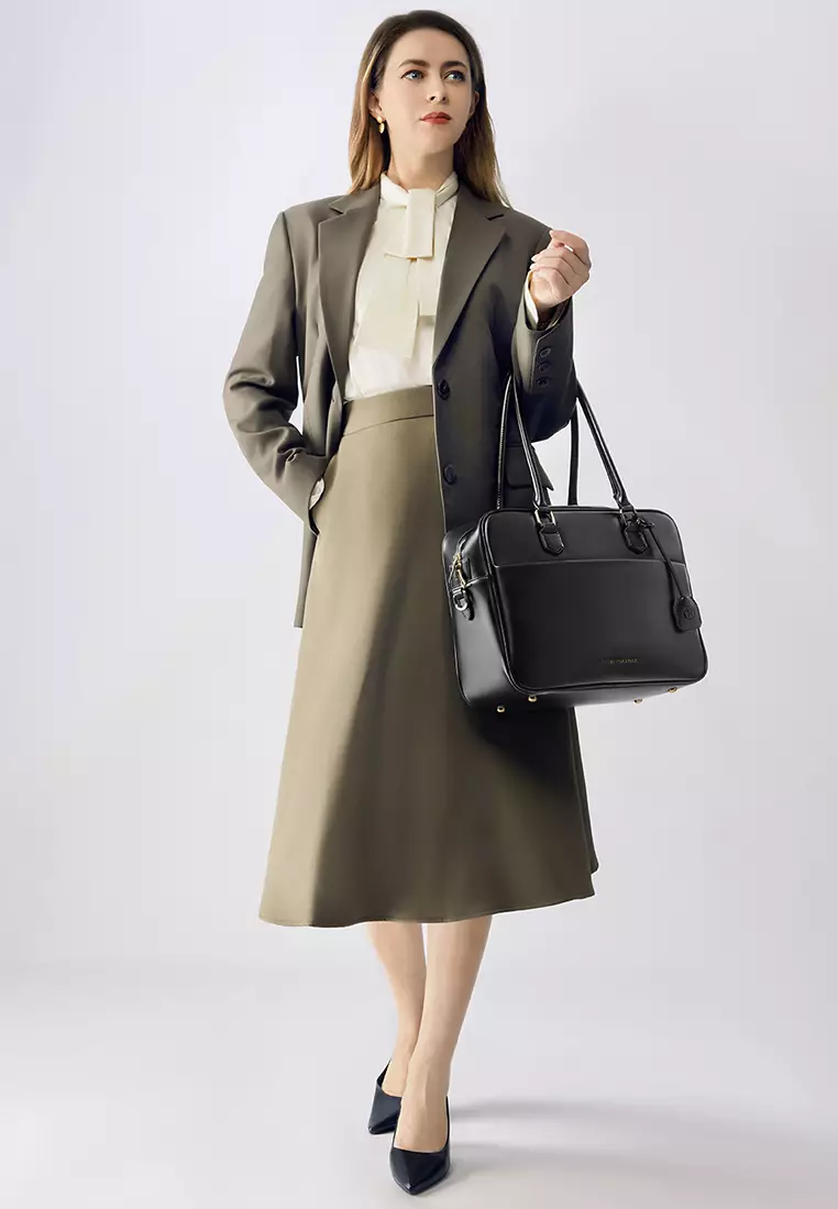 Margaret L Women's Black Top Handle Handbag Top Zipper - Microfiber Leather Travel & Business Bag (Laptop compatible std. size 14")