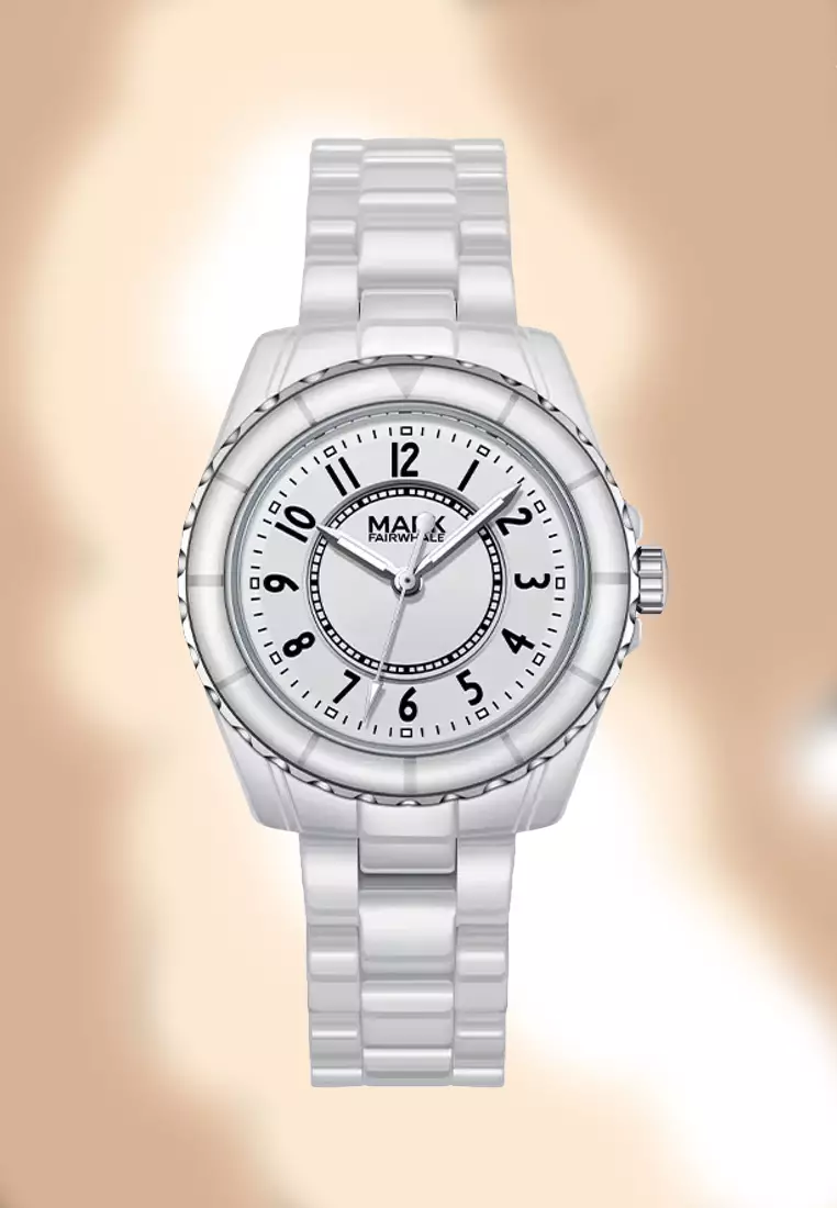 女士白色陶瓷石英手錶，36毫米，白色錶盤，陶瓷手鍊