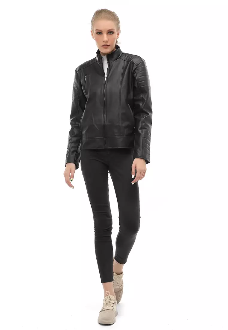 Glenice Jacket Outer Wanita Jaket Kulit Casual Simple Design Material Leather ORIGINAL - Black