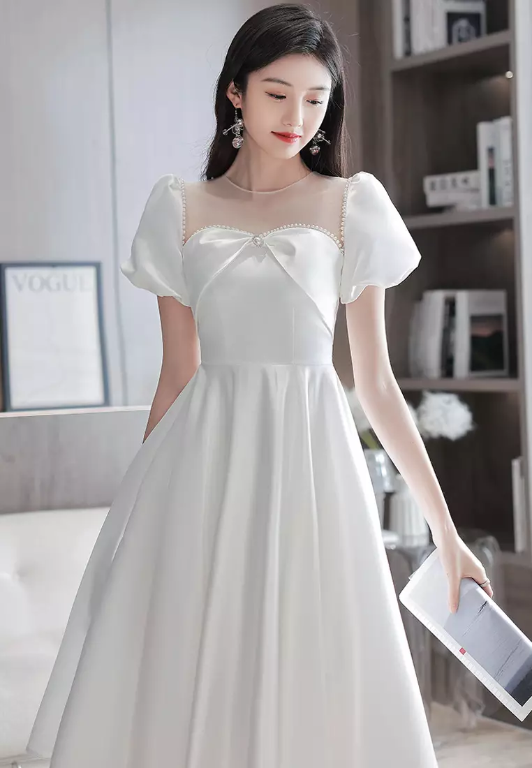 純色緞面法式泡泡袖晚禮服連衣裙CA092603W