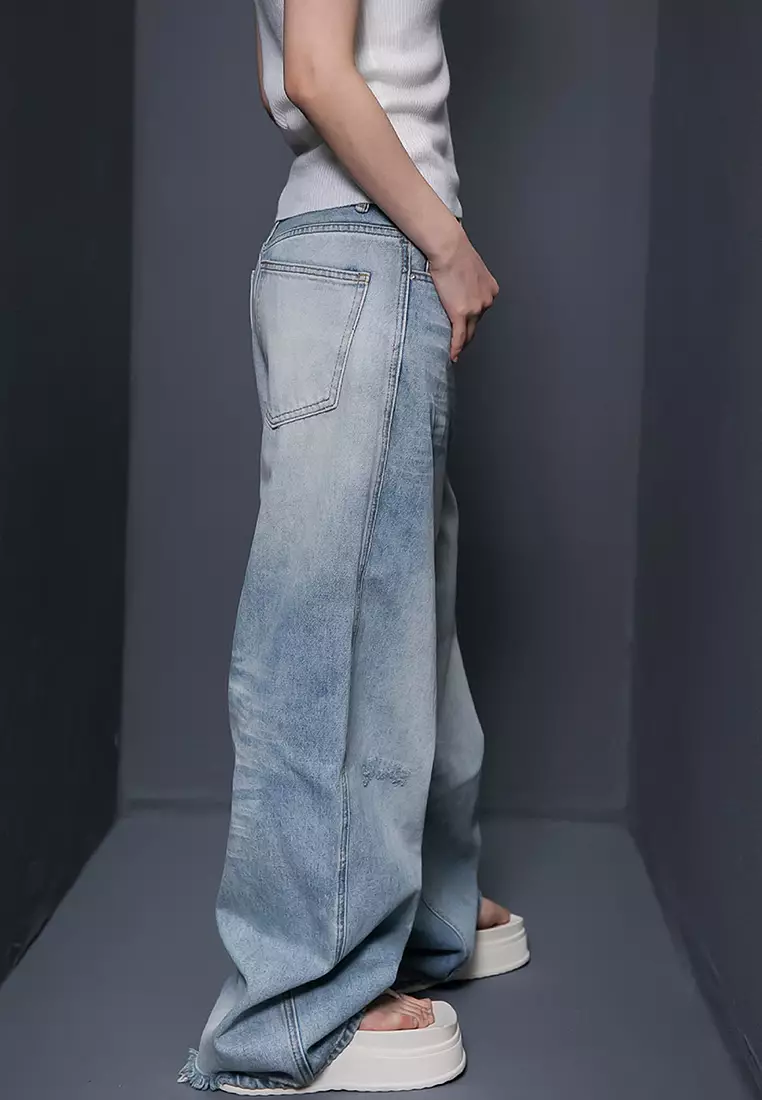 Vintage Wash Distressed Wide-Leg Jeans