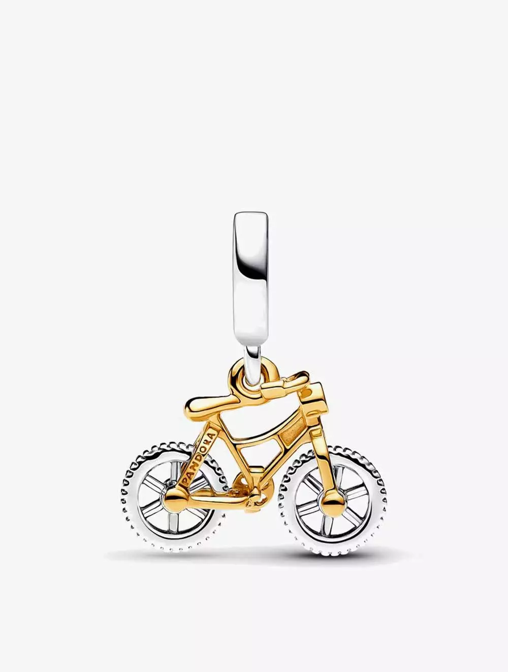 Moveable bike sterling silver and 14k gold-plated dangle with clear cubic zirconia