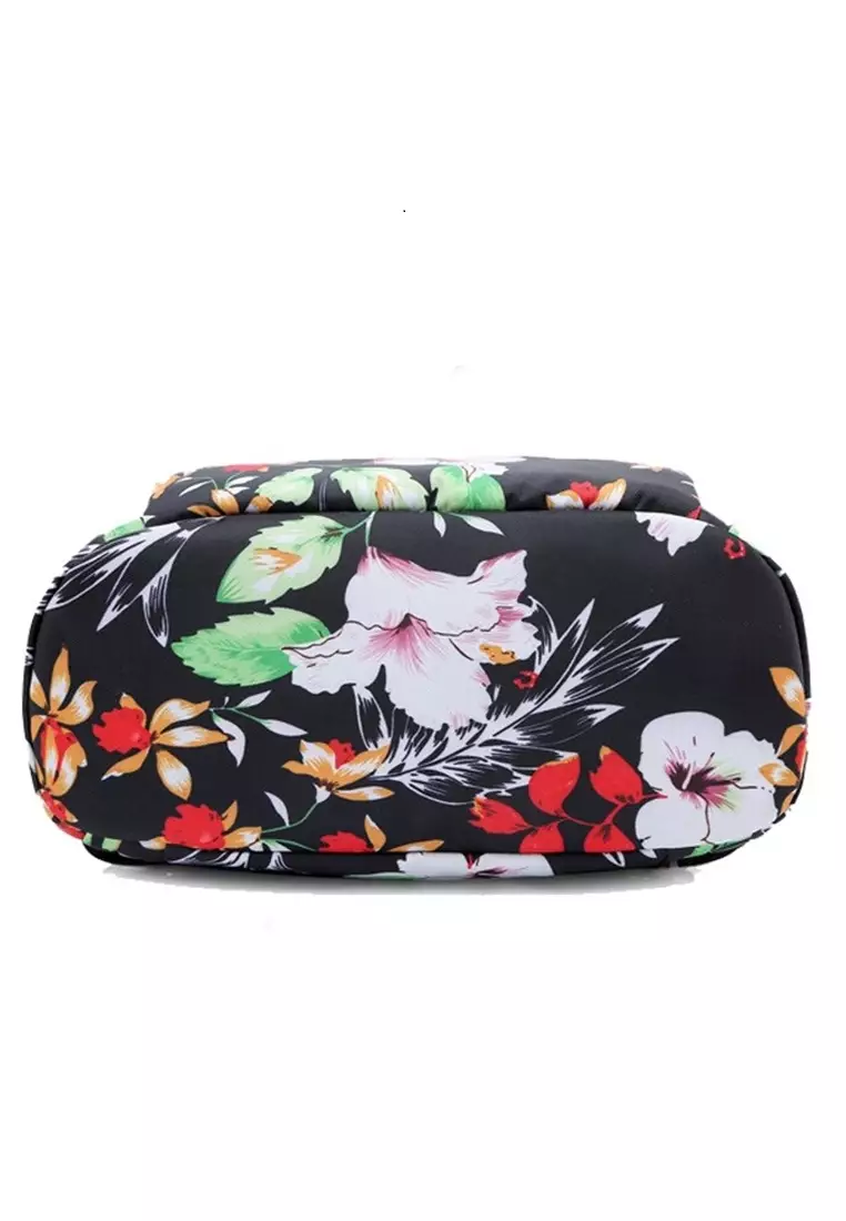 Cellyn Tas Ransel Sekolah Wanita Stylish Backpack Motif Bunga Material Nylon + Polyester ORIGINAL - Black