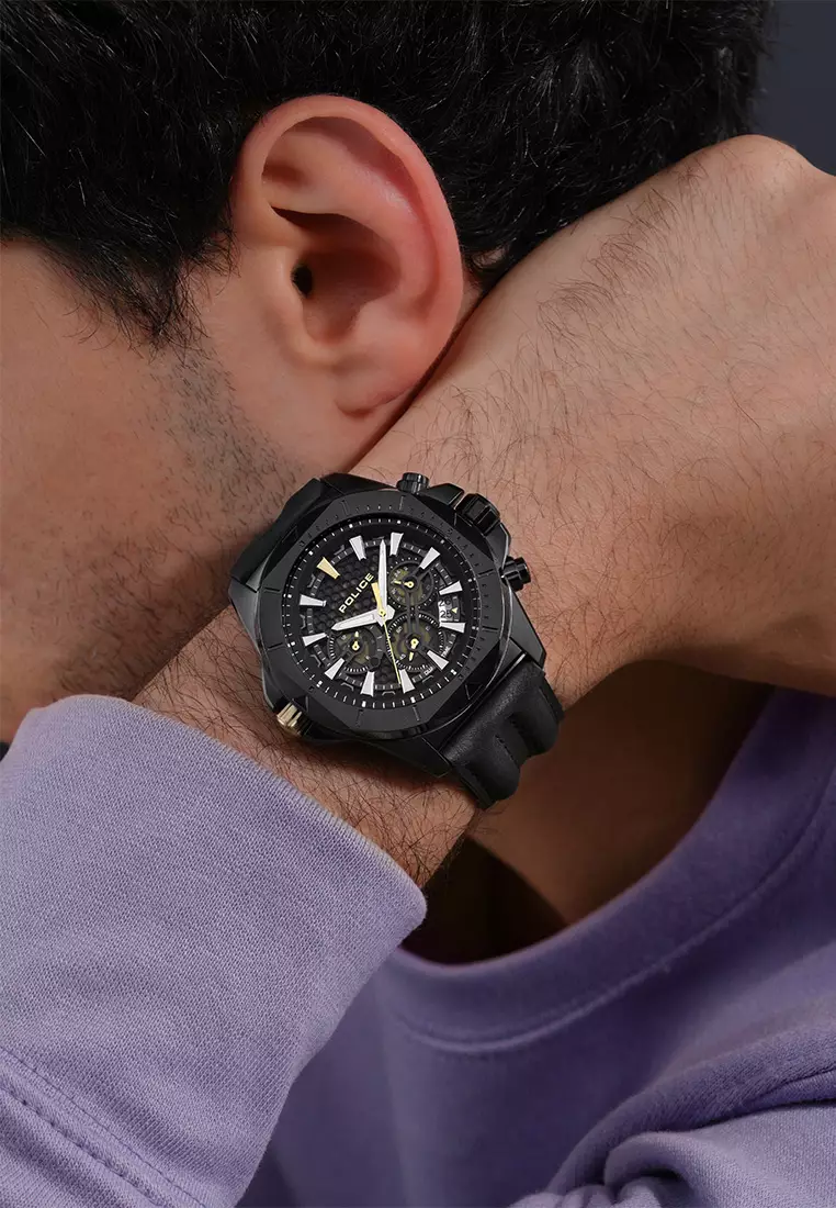 Police Electrical Black Leather Analog Quartz Watch For Men PPEWGF0054503