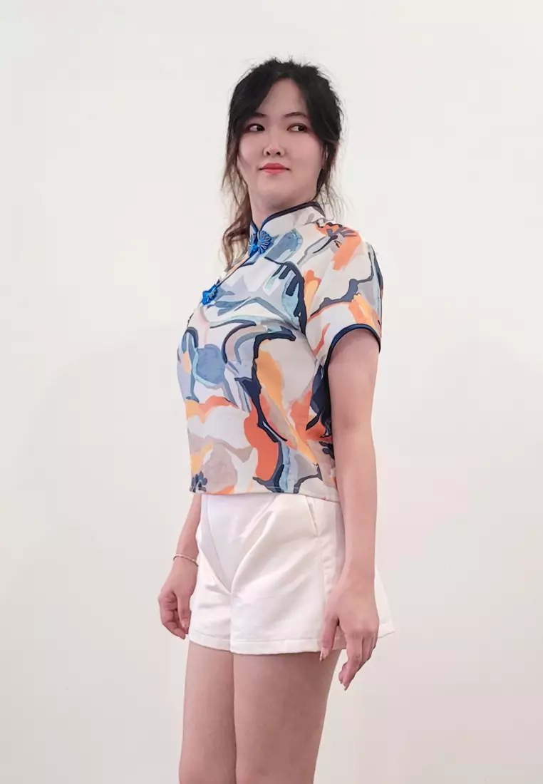 Ivory Cheongsam Cap Sleeves Top Orange White Printed Batik