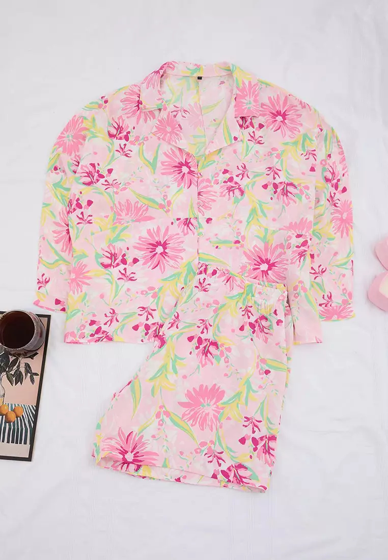 Pink Floral Viscose Plus Size Pajama Set Tbbss26Ai00051