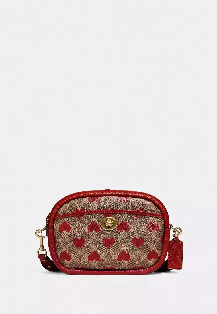 Jual Coach Coach Camera Bag In Signature Canvas With Heart Print Tan