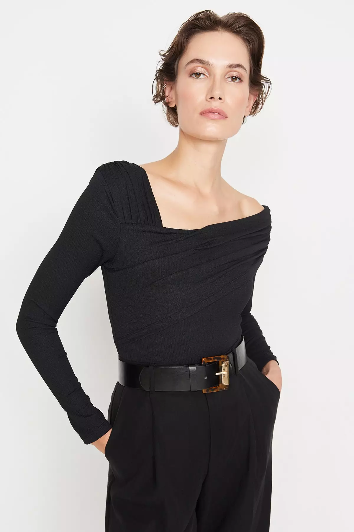 Asymmetrical Collar Detail Knitted Bodysuit