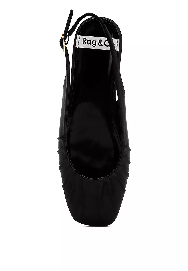 Satin Square Toe Flat Slingback in Black