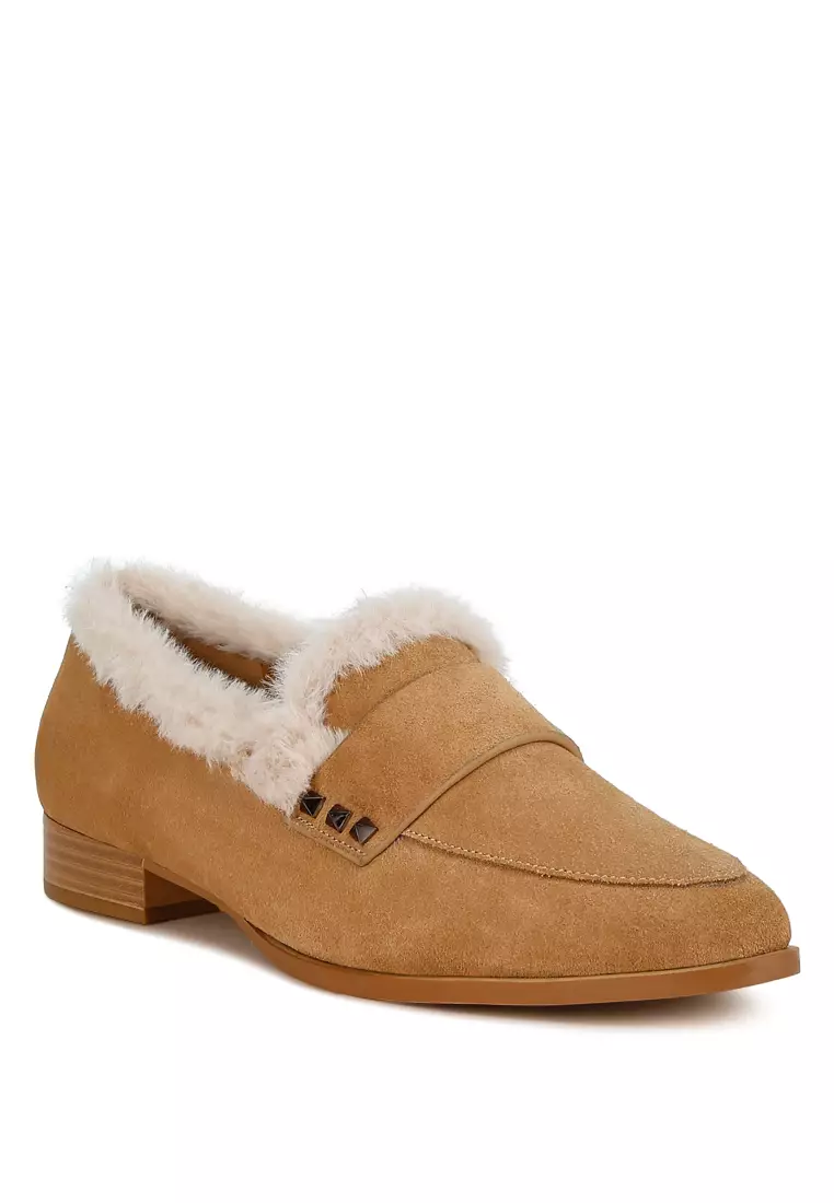 Fur Trim Suede Loafers in Beige