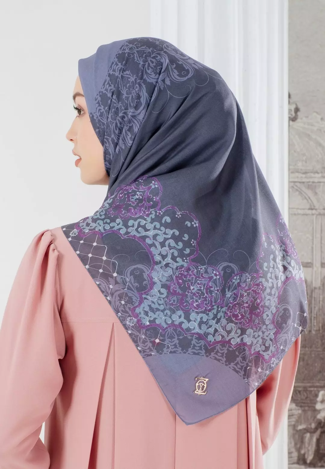 FUGY Scarf Purple - Kerudung Hijab Segiempat Motif With BOX - Bahan Voal Premium - Ukuran 115x115