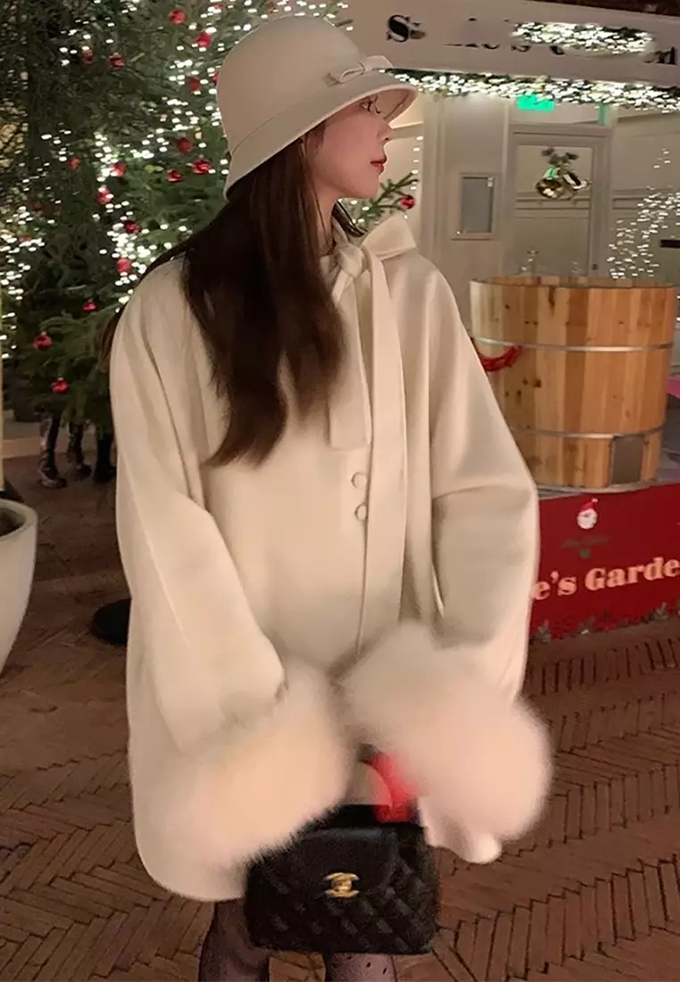 New elegant bow-tie plush coat CA25102439W