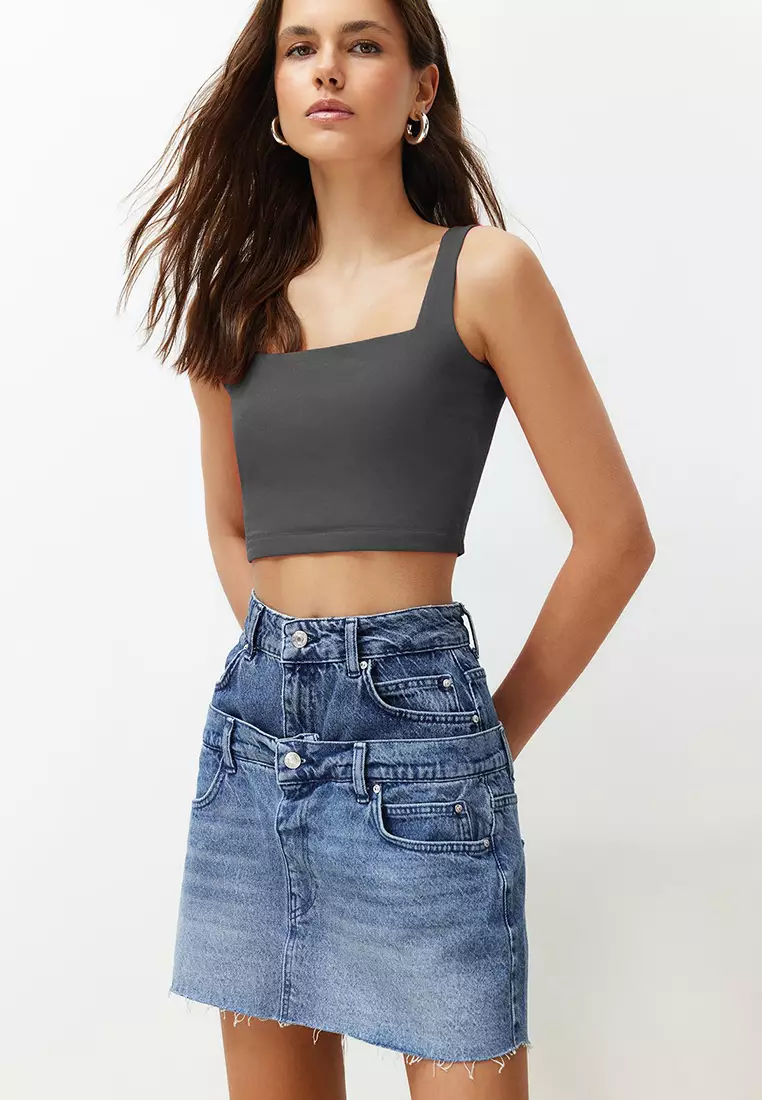 Anthracite Plain Slim Square Neck Super Crop Knitted Undershirt