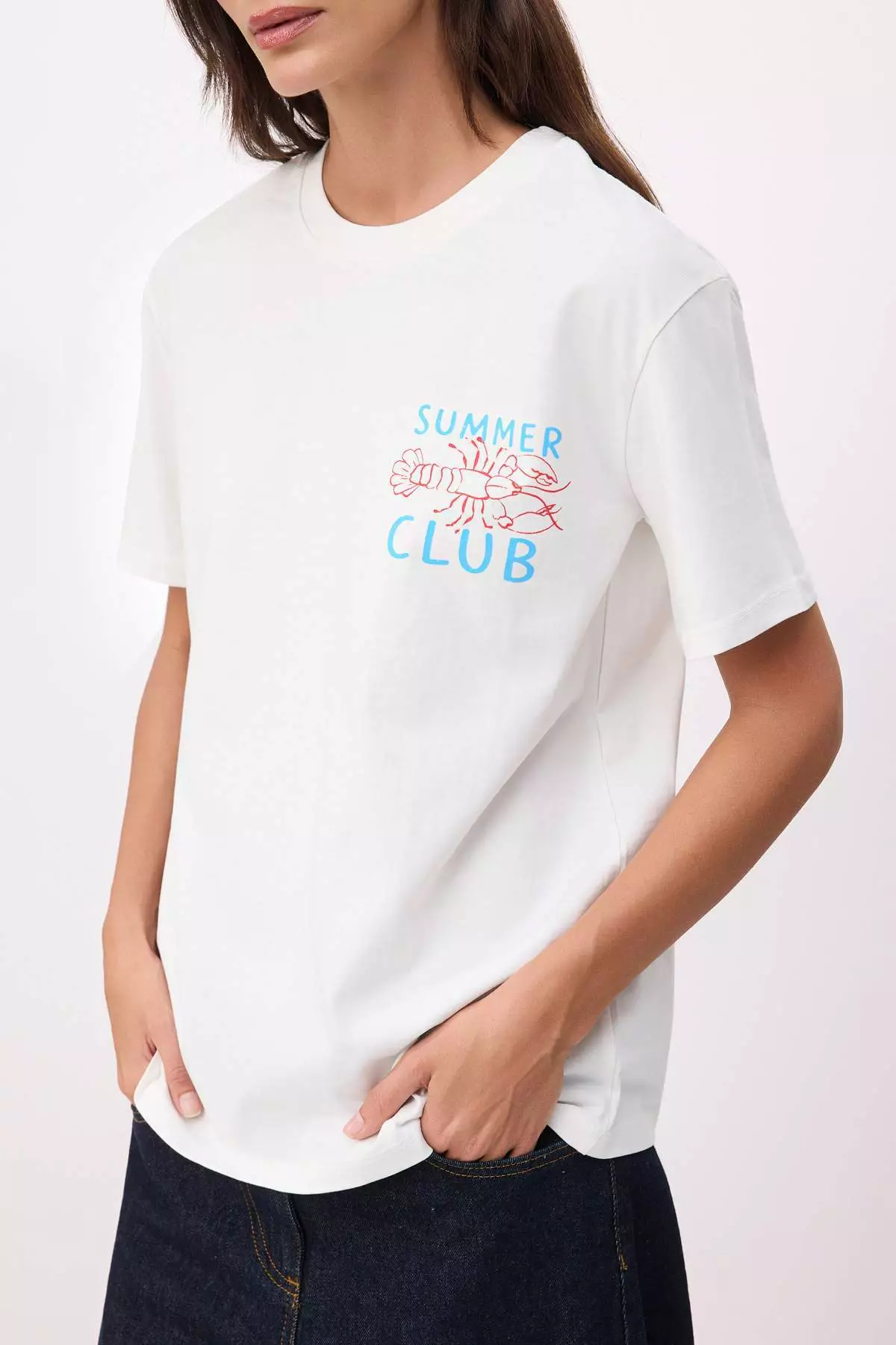 Ecru Printed Oversize/Wide Fit Short Sleeve 1% Cotton Knitted T-Shirt Twoss26Ts116