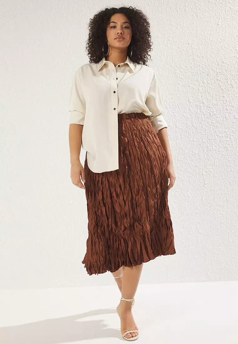 Brown Satin Woven Plus Size Skirt TBBAW25AZ00014